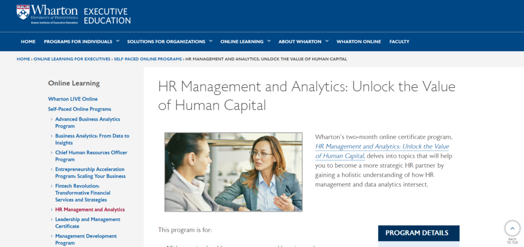 Wharton School of Business HR management and Analytics: Unlock the value of human capital signup page.