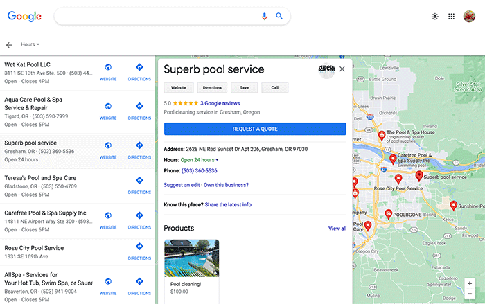 Google Business Listing example.