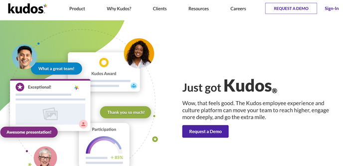 Kudos employee engagement software homepage.