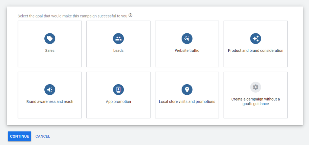 Google Ads campaign select goals example.