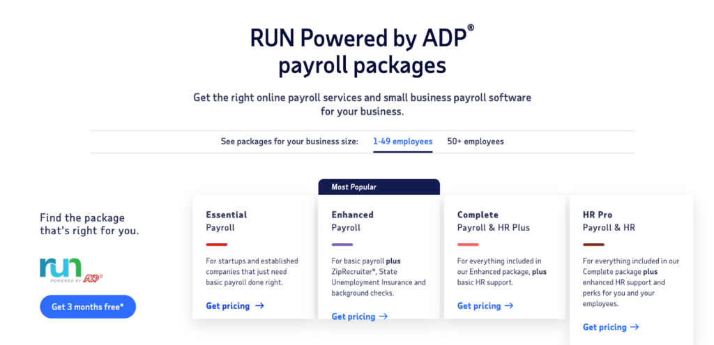 ADP payroll packages page.