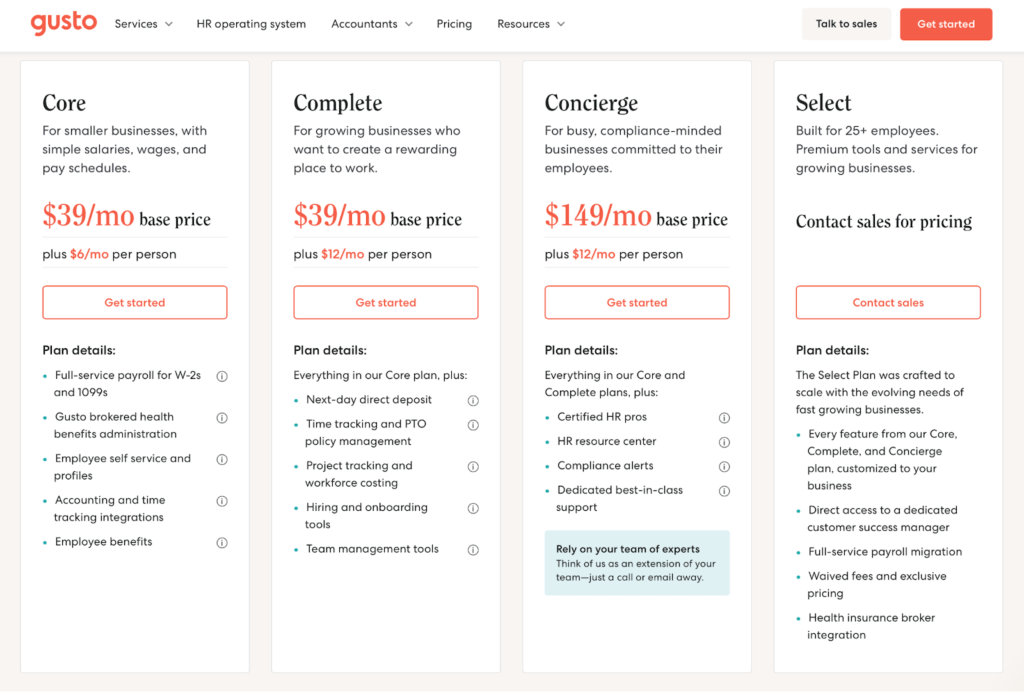 Gusto pricing page.