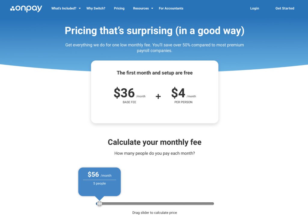 OnPay Pricing Page, shows a price calculator that lets you see how much you pay based on the number of seats