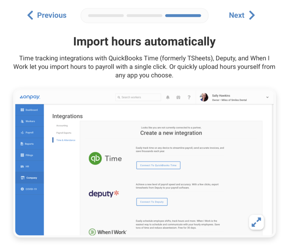 Screenshot of OnPay time tracking integrations page.