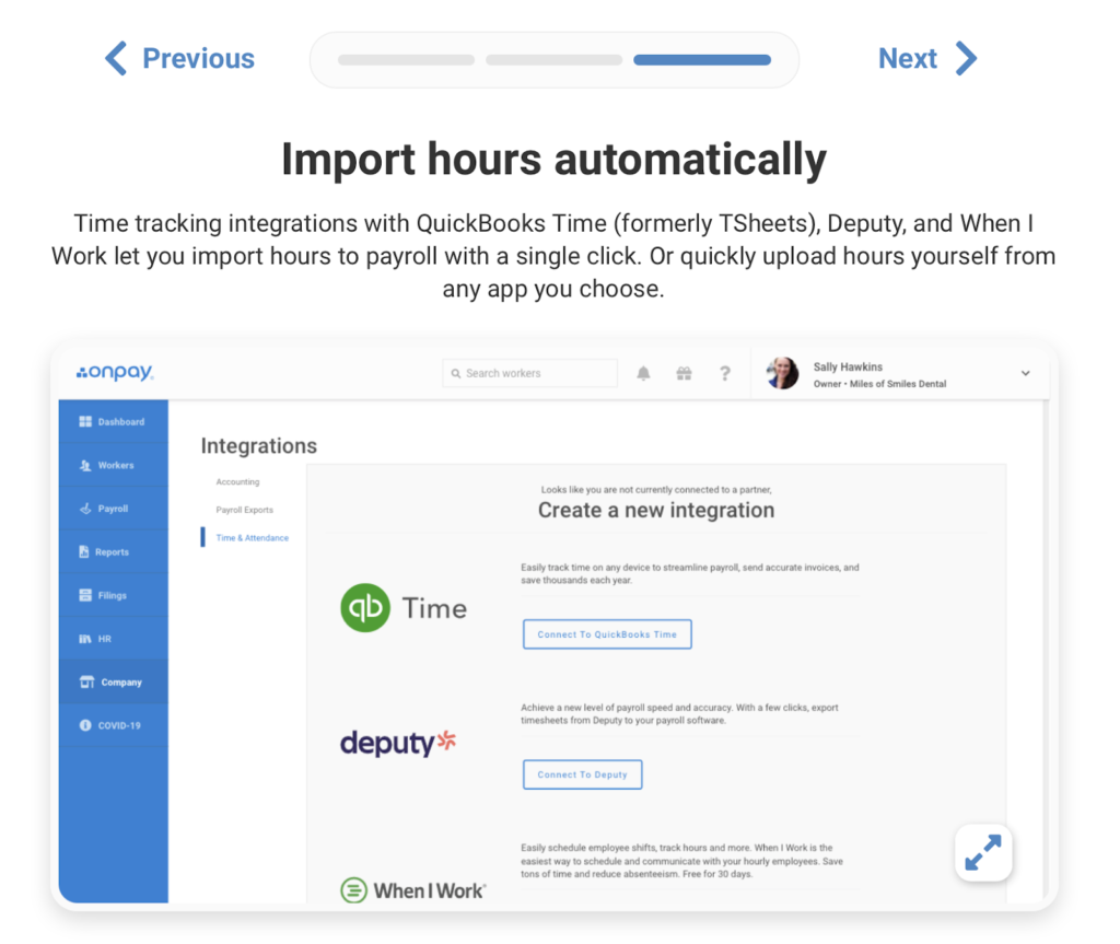 OnPay time tracking integrations page.