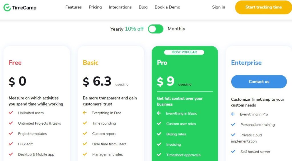 TimeCamp pricing page