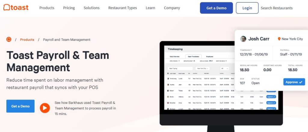 Toast payroll and team management homepage.