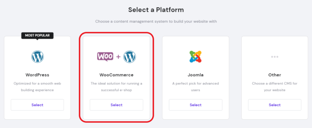 Install WordPress and WooCommerce select a platform example.