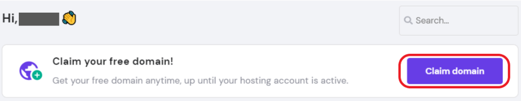 Hostiner.com claim your free domain button example.