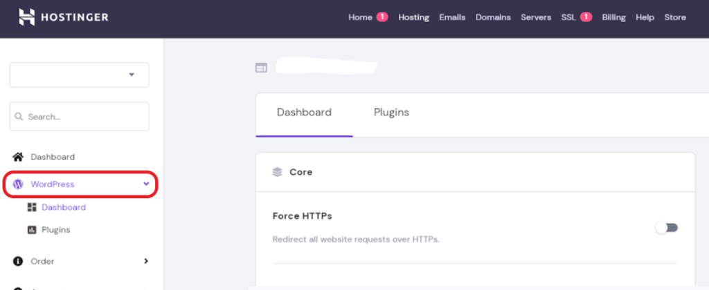 Hostinger dashboard with WordPress example.