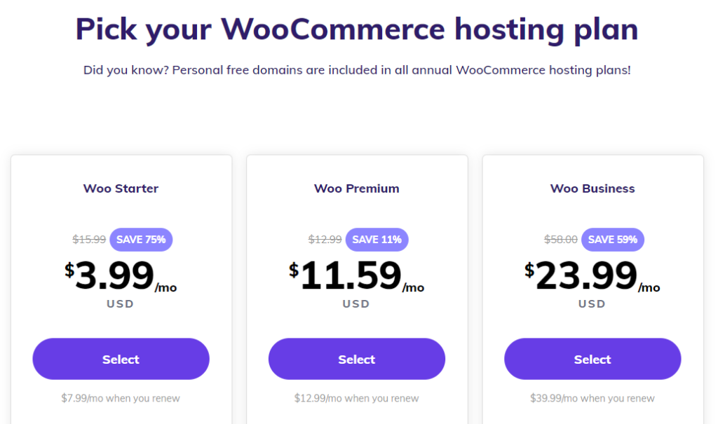WooCommerce hosting plan pricing options.