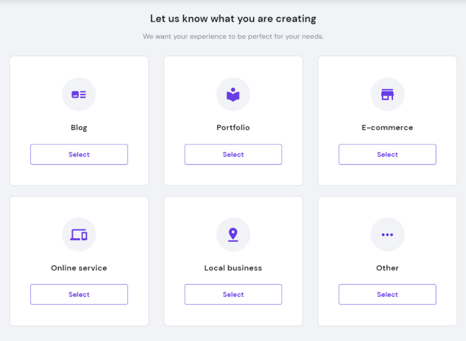 Hostinger let us know what you are creating selection screen.