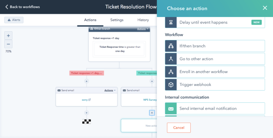 HubSpot Service hub and ticket resolution flow.