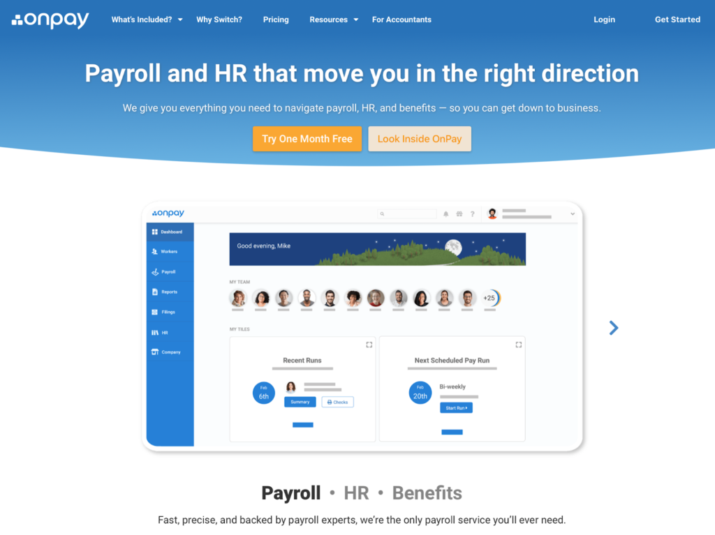 OnPay Online Payroll System Home page.