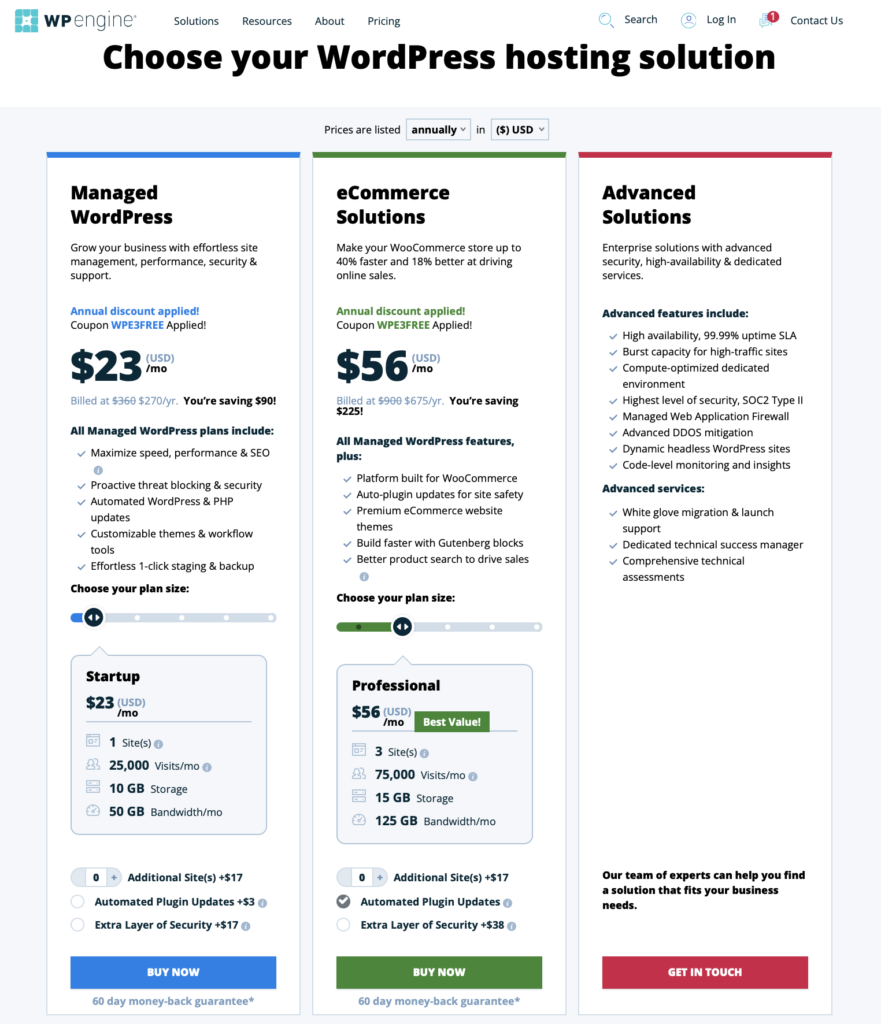 WP Engine pricing page.