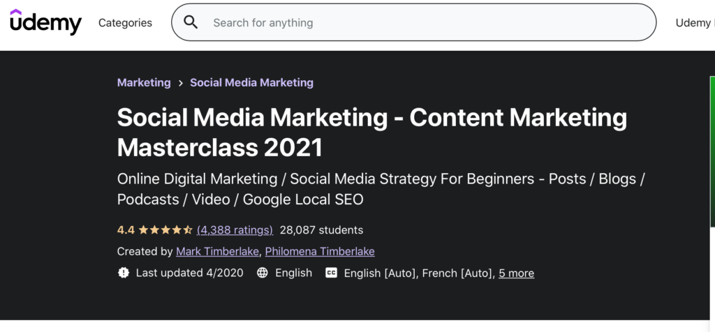 Udemy social media marketing - content marketing master 2021 homepage.