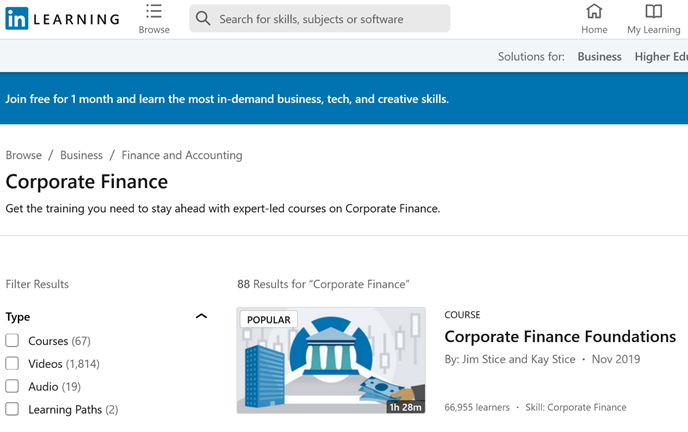 LinkedIn Learning corporate finance homepage.