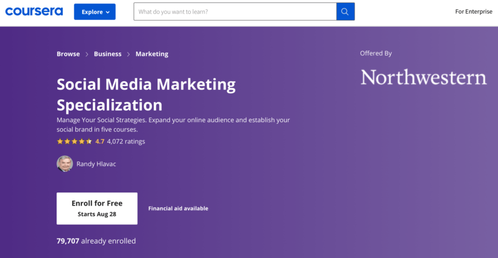 Coursera social media marketing specialization homepage.