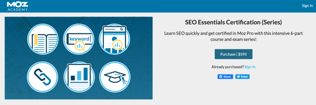 Moz seo essentials certification (series) homepage.