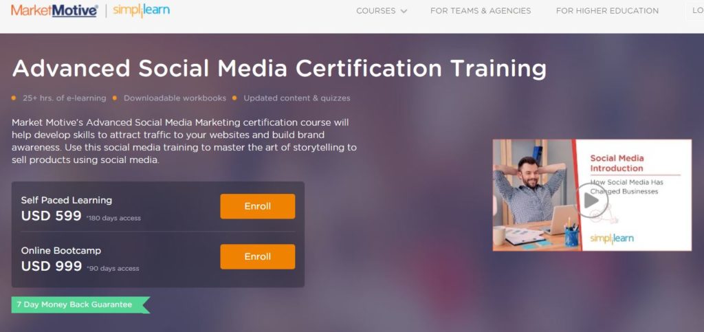 MarketMotive advanced social media certification training homepage.