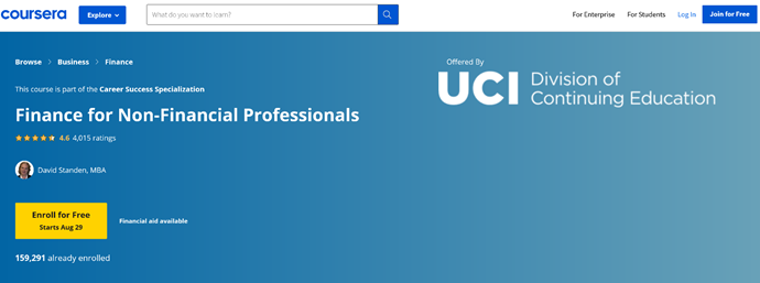 Coursera finance for non-financial professionals homepage.