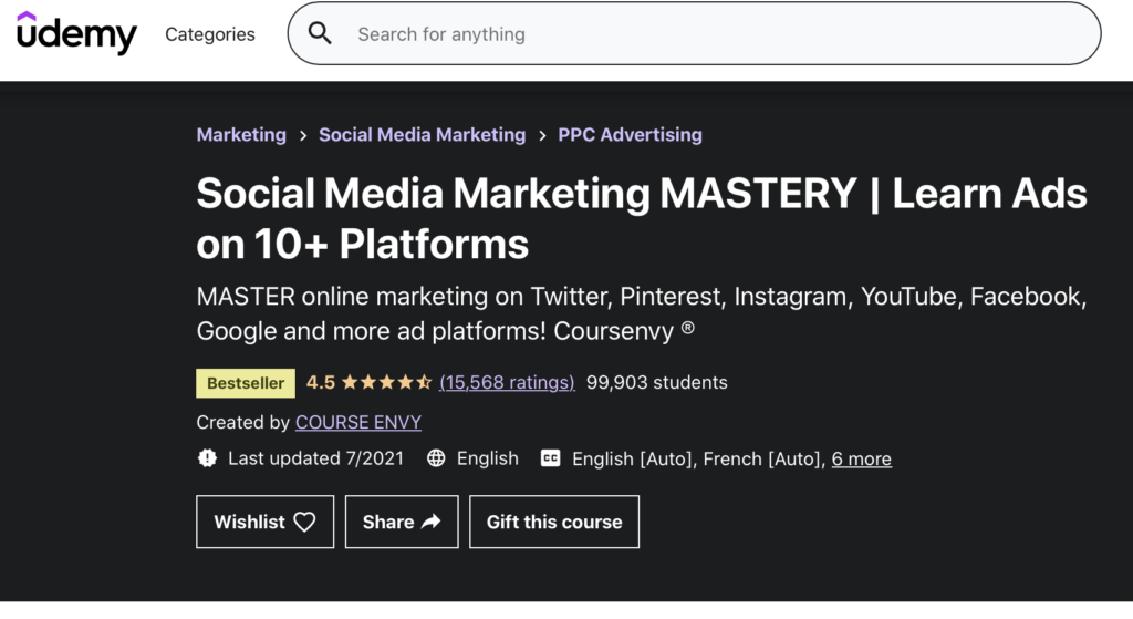 Udemy social media marketing mastery learn ads on 10+ platforms homepage.