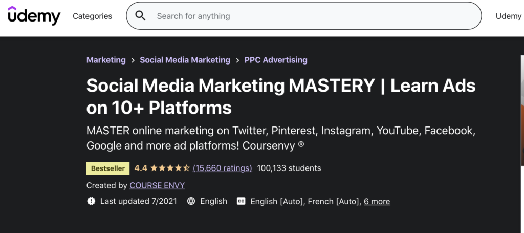 Udemy social media marketing mastery - learn ads on 10+ platforms homepage.