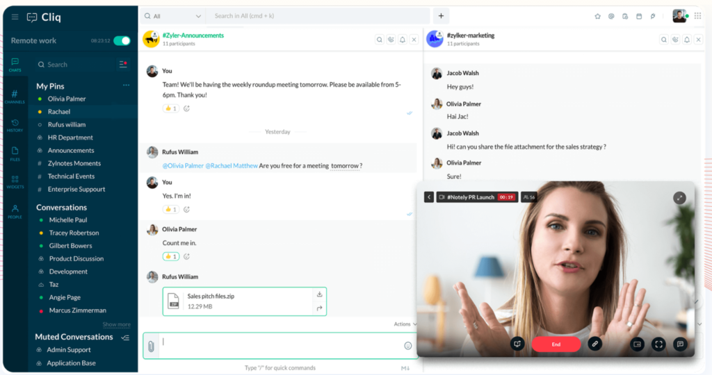 Zoho Cliq chat and video call example.