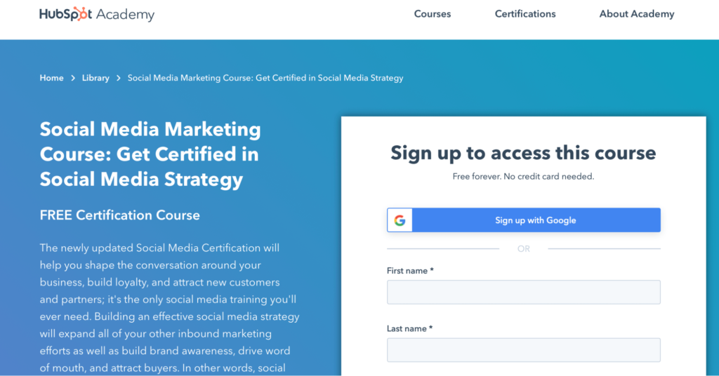 HubSpot social media marketing certification homepage.