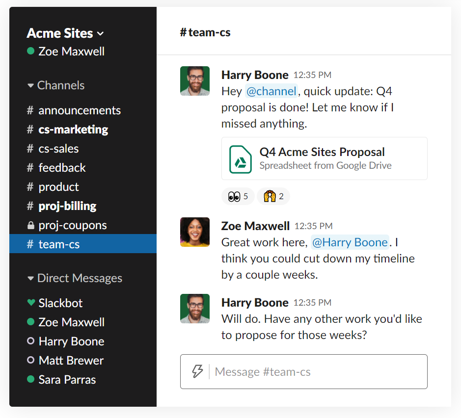 Slack chat feature and example.