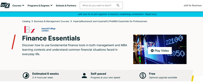 edX finance essentials homepage.