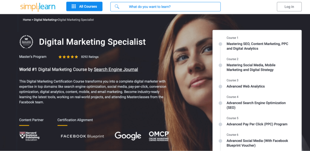 Simplilearn digital marketing specialist homepage.
