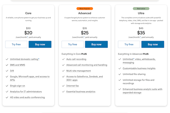 RingCentral pricing page with three plans listed. 