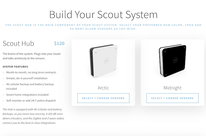 Scout Hub page showing arctic and midnight color options for the main security hub.