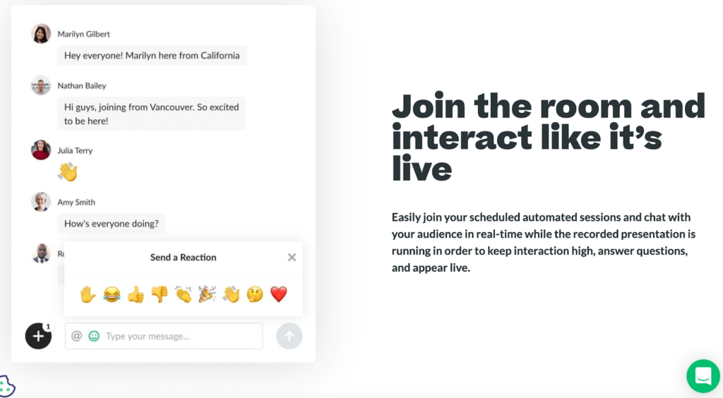 A screenshot showing how Demio lets you interact with audience members on automated webinars.