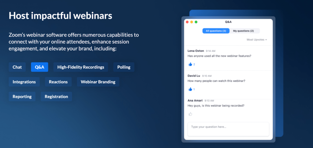 A screenshot showing Zoom Webinars Q&A.