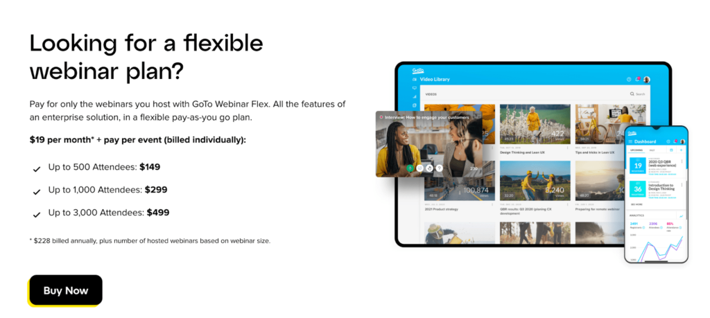 A screenshot highlighting GoTo Webinar’s Flex plan and pricing.