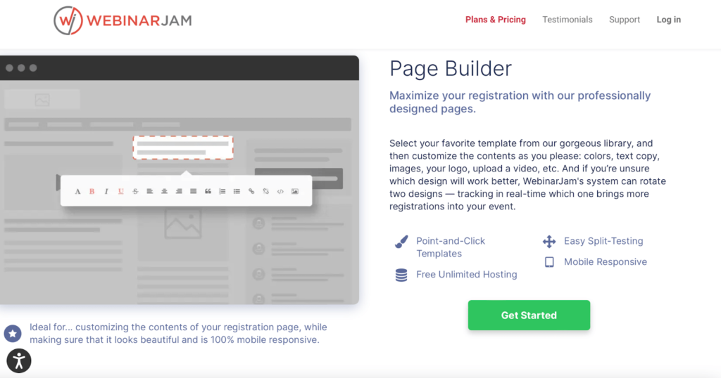 A screenshot showing WebinarJam’s Page Builder feature.