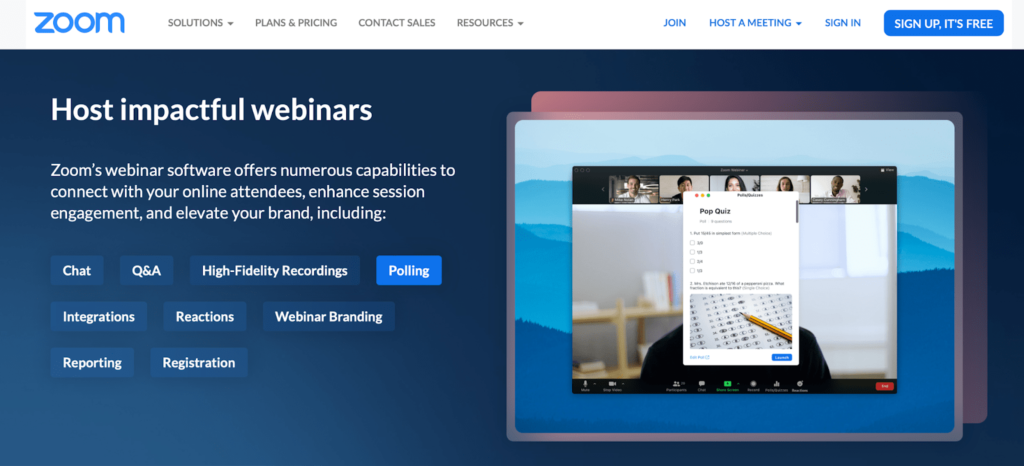 A screenshot showing one of Zoom’s audience engagement tools in the form of a pop quiz poll.