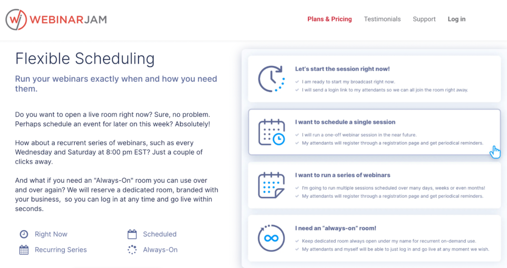 A screenshot highlighting WebinarJam’s flexible scheduling features