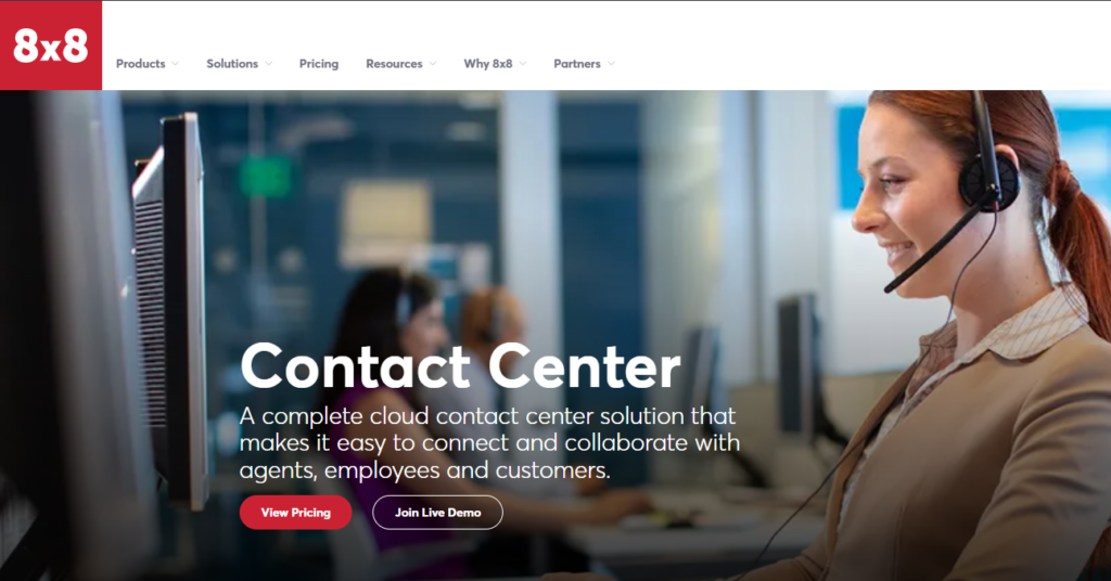 8x8 (eight-by-eight) landing page for their call center and contact center software