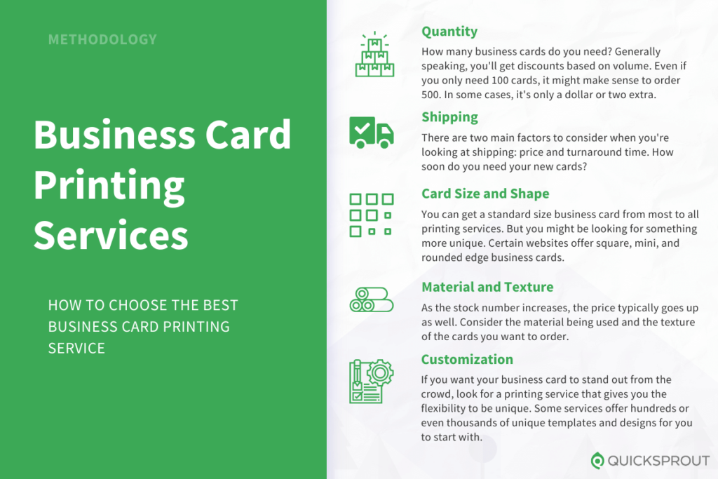 How to choose the best business card printing service. Quicksprout.com's methodology for reviewing business card printing services.