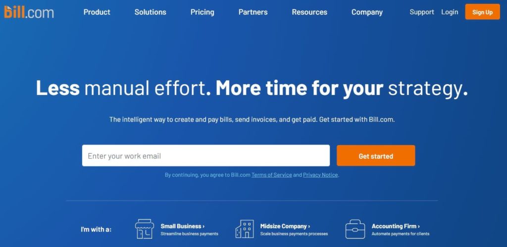 Bill.com homepage for invoicing and billing software