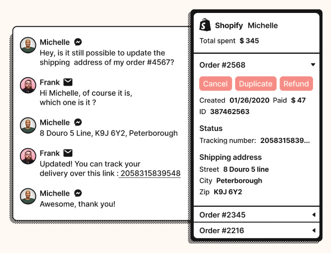 Gorgias integration with Shopify to show customer history and update orders