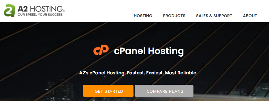 A2 Hosting landing page for cPanel web hosting