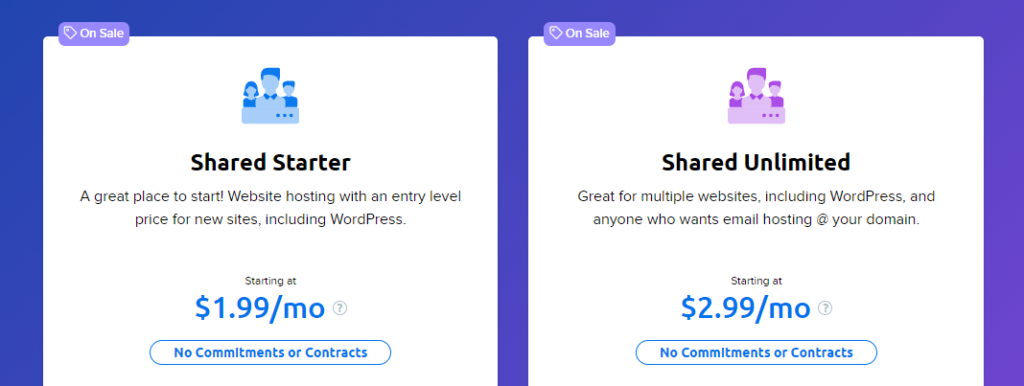 Dreamhost pricing page. Shows prices for their cheapest web hosting plans.