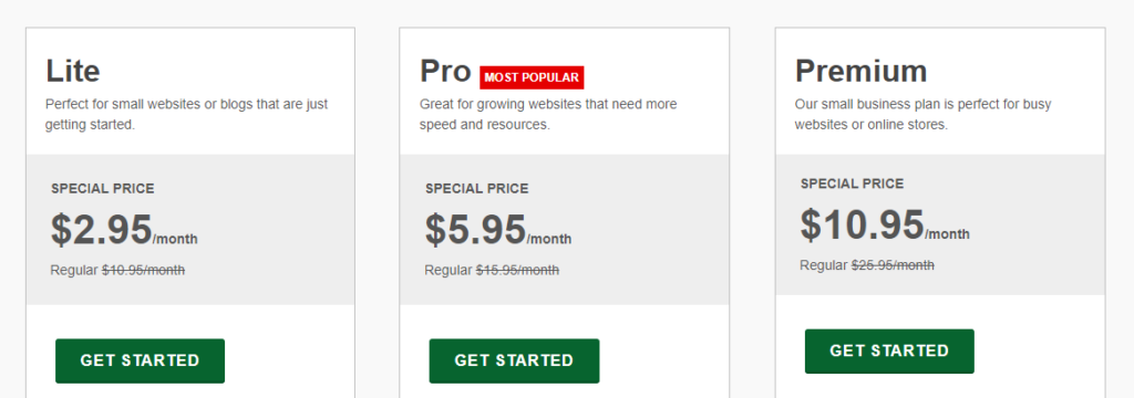 GreenGeeks's pricing page for website hosting services.