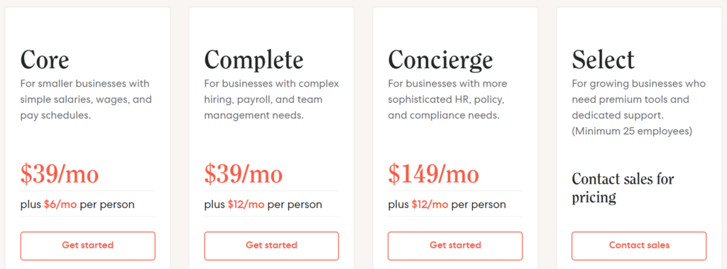 Screenshot of Gusto pricing page