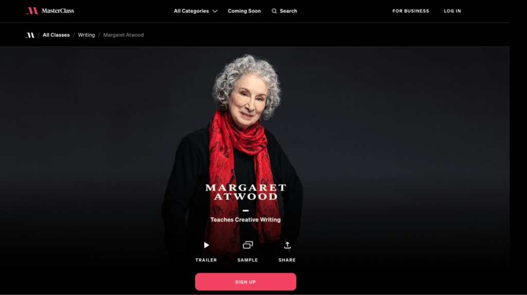 Masterclass: Margaret Atwood teaches creative writing signup page.