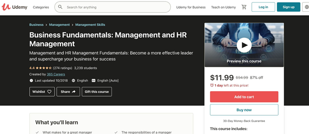 Udemy - Business Fundamentals: Management and HR Management course signup page.